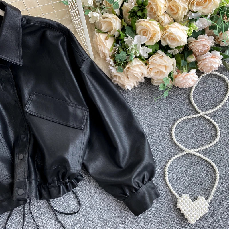 Loose Style Leather Jacket Women'S Retro Big Pocket Slim Short Motorcycle Jacket