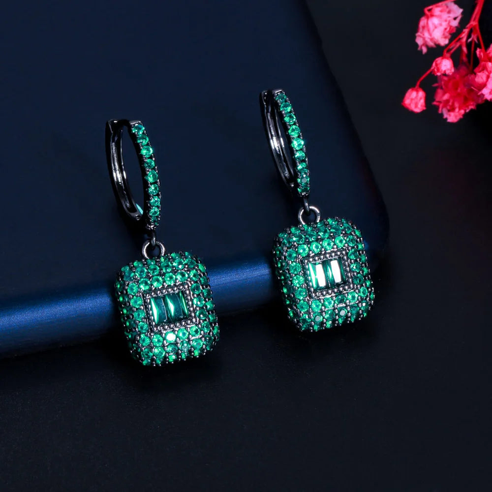 CWWZircons Full Black Gold Color Green Square CZ Dangling Round Huggie Hoop Earrings for Women New Trendy Party Jewelry CZ927