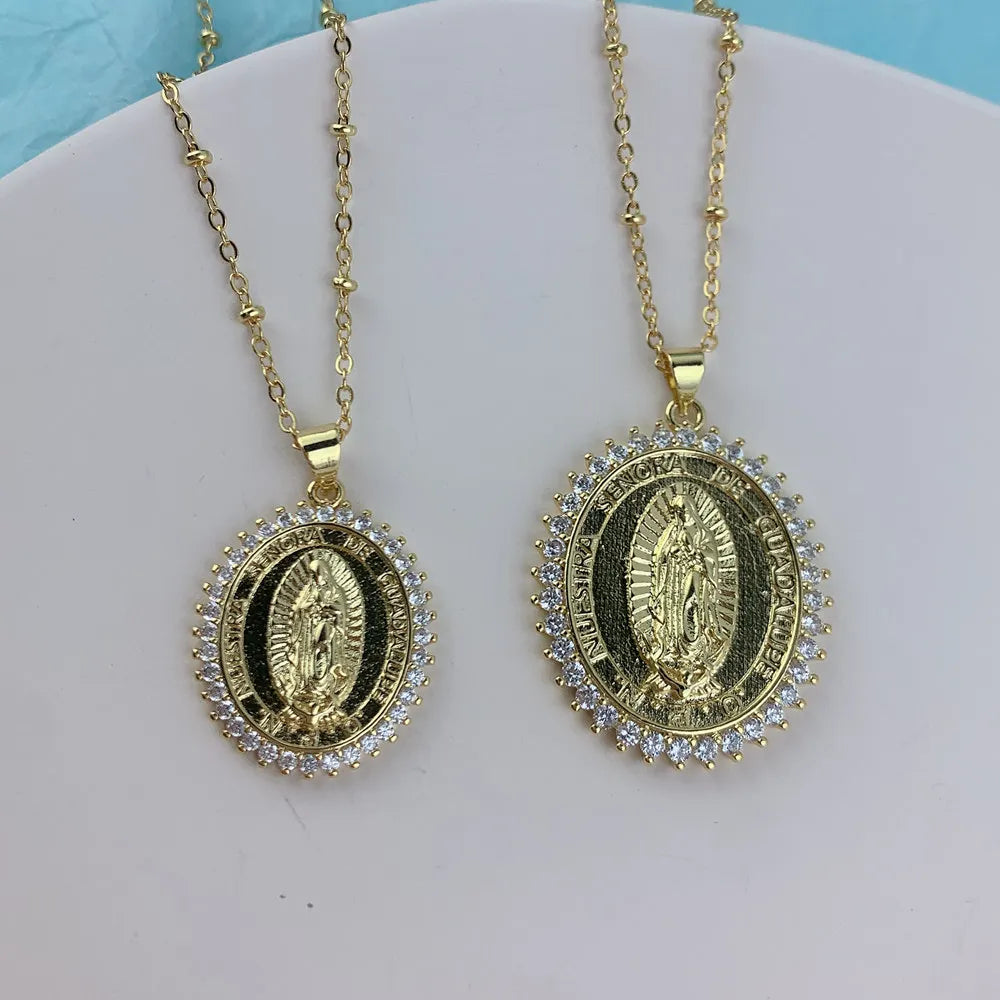 Dainty Metal Zircon Oval Virgin Mary Pendant Necklace For Women Festival Gifts Jewelry