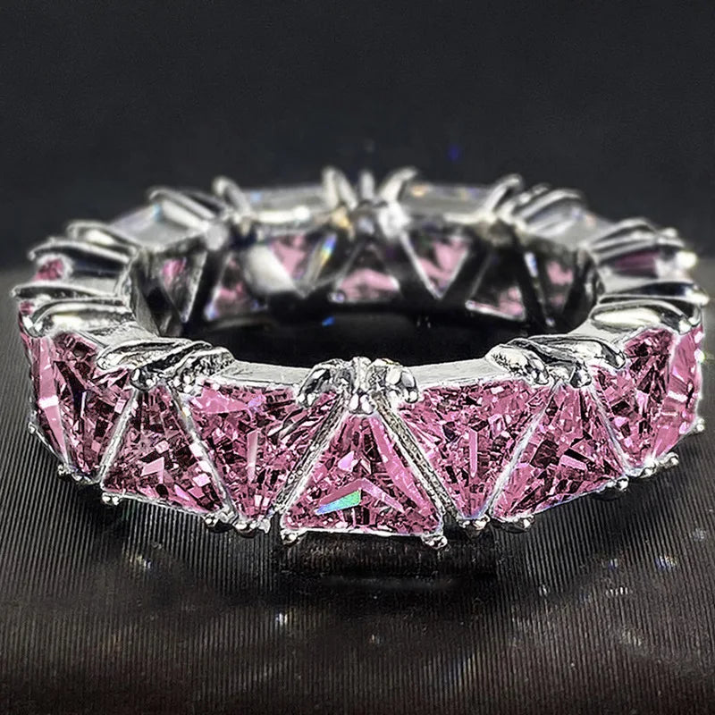 H480 Pyramid Crystal & Rhinestone Eternity Band Ring 925 Silver Claw Setting Women's Party Jewelry