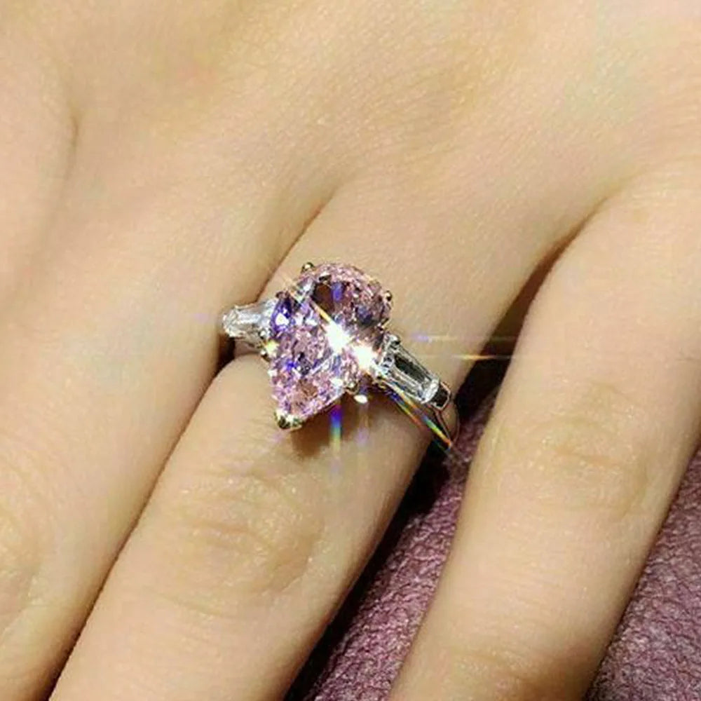F1559 Women's White Gold Pear Cut Natural Fancy Diamond Ring With Baguette Side Stones Engagement Jewelry