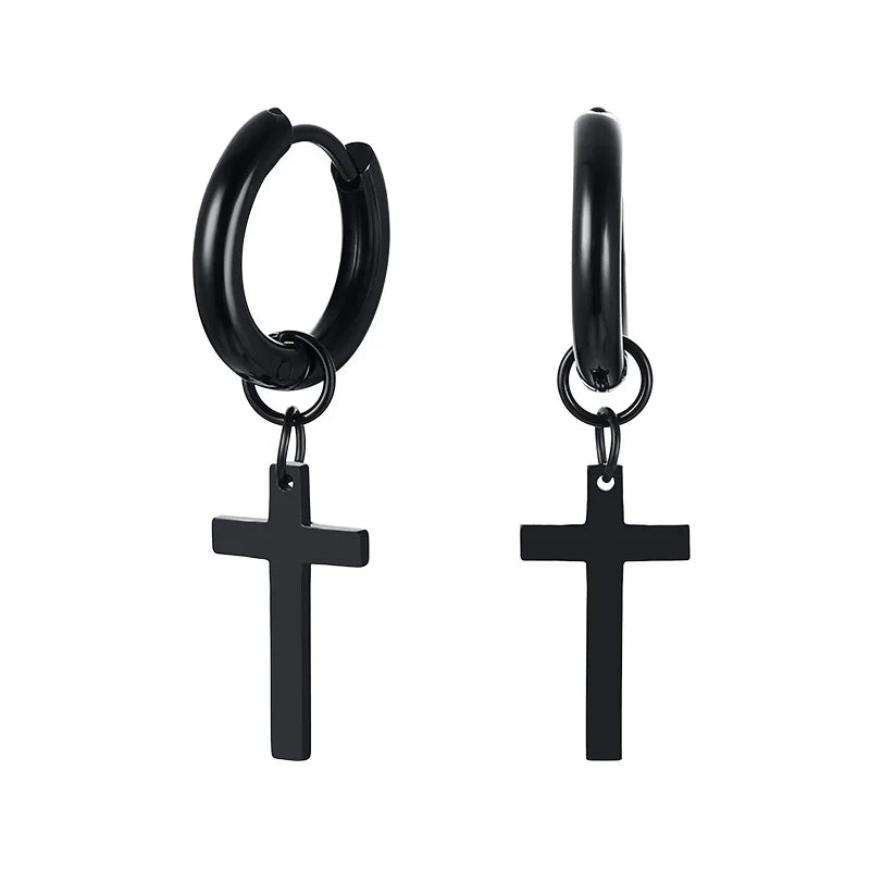 Dainty Minimalist Gold Color Dangling Cross Shaped Charm Huggie Pierced Hoop Earrings For Guy Men Women Jewelry