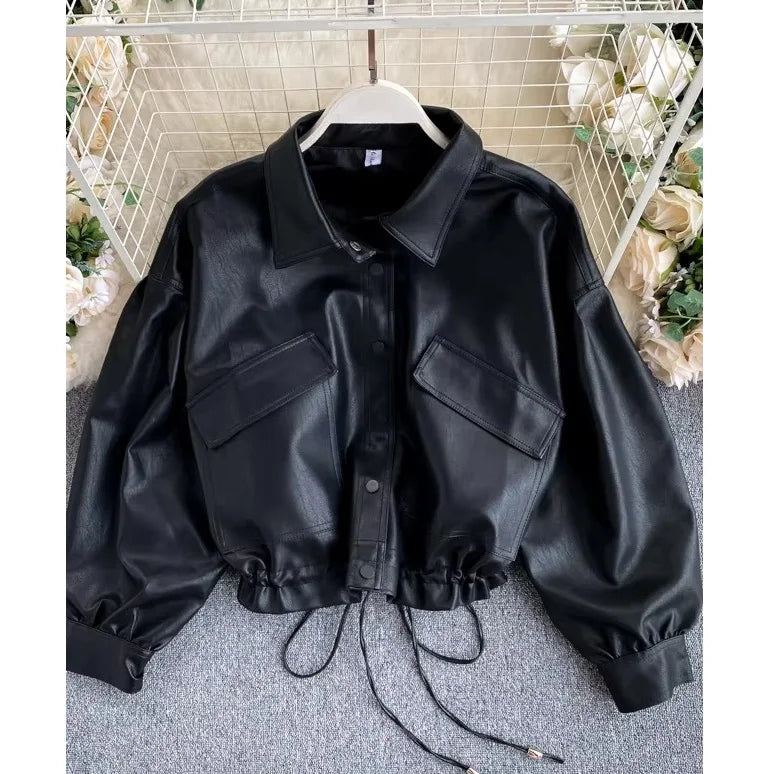 Loose Style Leather Jacket Women'S Retro Big Pocket Slim Short Motorcycle Jacket