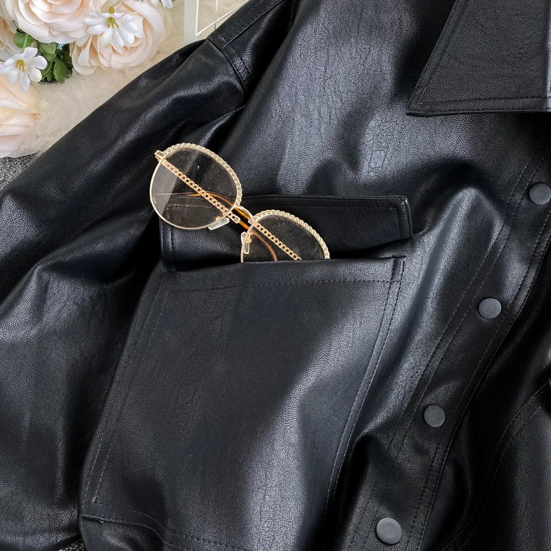 Loose Style Leather Jacket Women'S Retro Big Pocket Slim Short Motorcycle Jacket