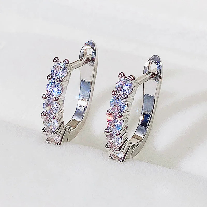 White Gold Hoop Earrings Round Zircon Claw Setting Classic Women's Party Jewelry