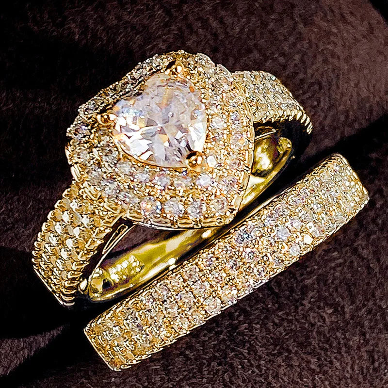 Q109 Heart Shape Bridal Jewelry Set Women's Pear Cut Crystal Rhinestone Pave Setting Luxury Engagement Ring Set