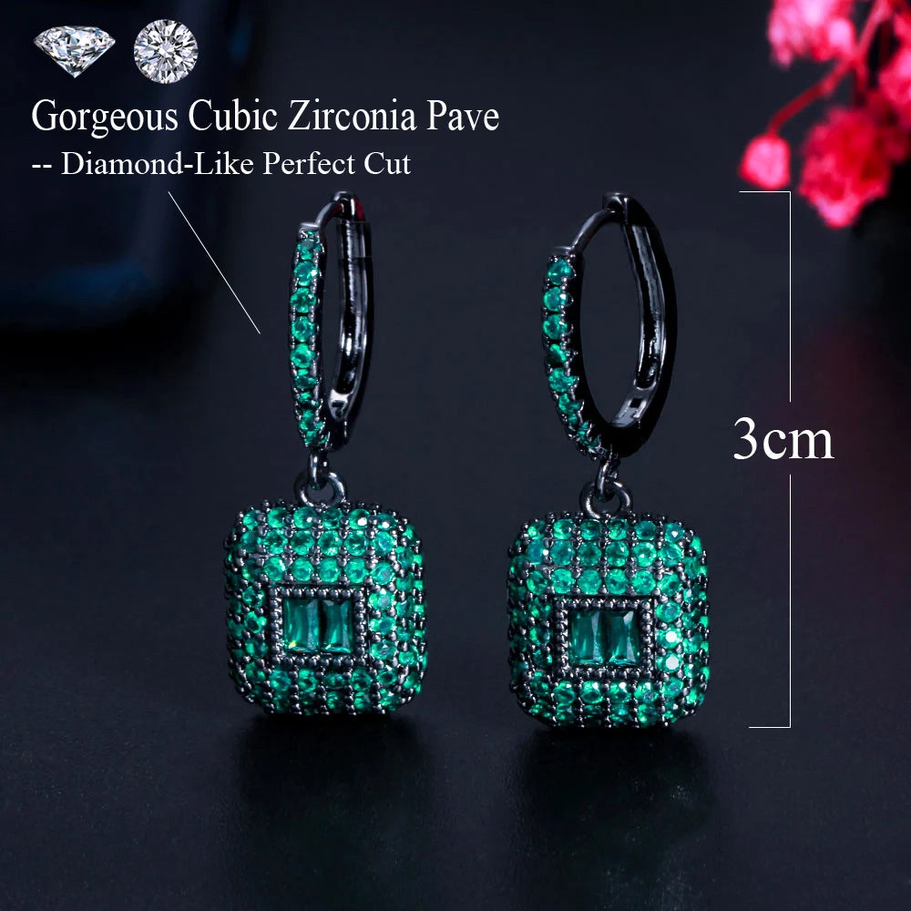 CWWZircons Full Black Gold Color Green Square CZ Dangling Round Huggie Hoop Earrings for Women New Trendy Party Jewelry CZ927