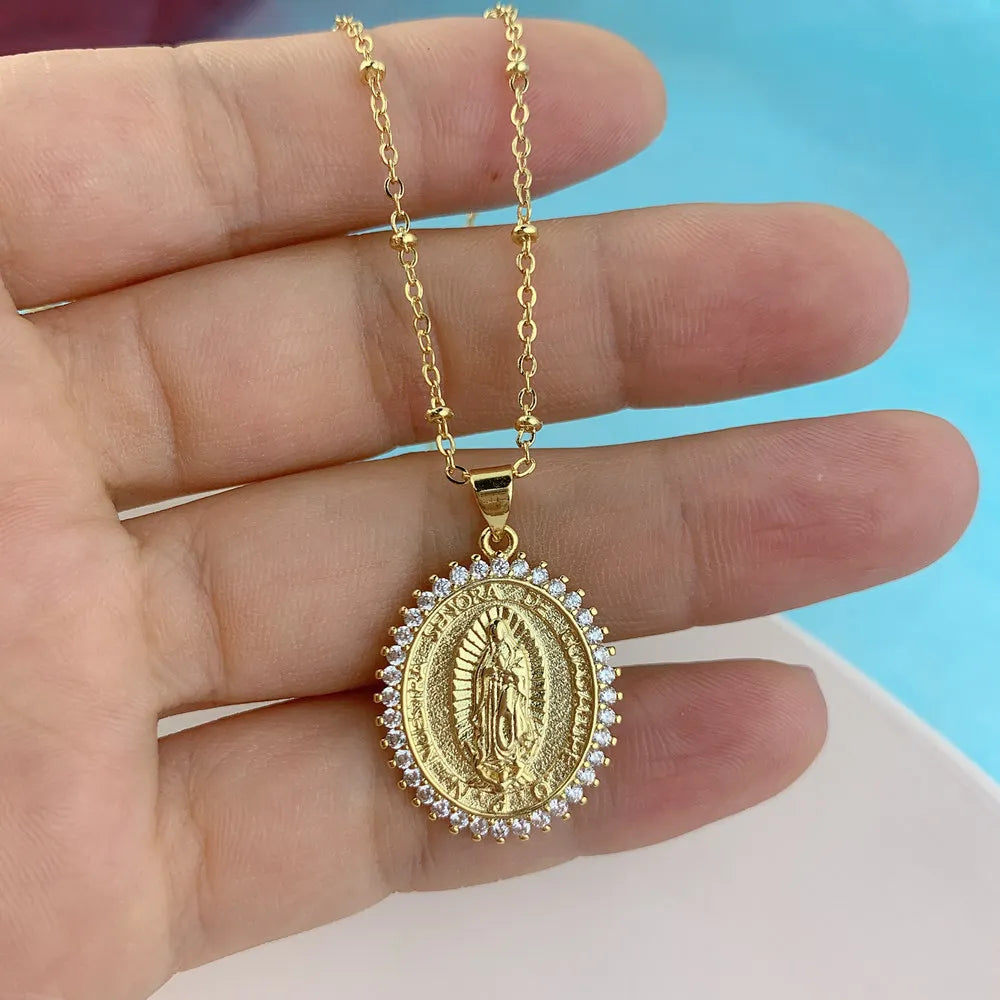 Dainty Metal Zircon Oval Virgin Mary Pendant Necklace For Women Festival Gifts Jewelry