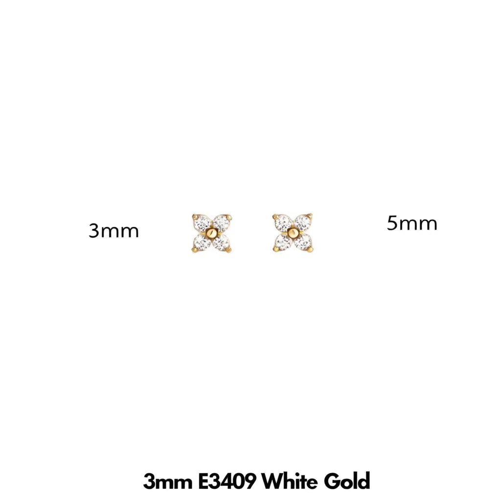 E3409 White Gold Stud Earrings 3mm Flower Diamond Classic Women's Jewelry
