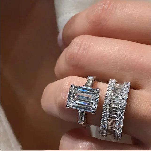 F437 Bridal Jewelry Set Emerald Cut Diamond White Gold Claw Setting Women's Engagement Ring Geometric Design