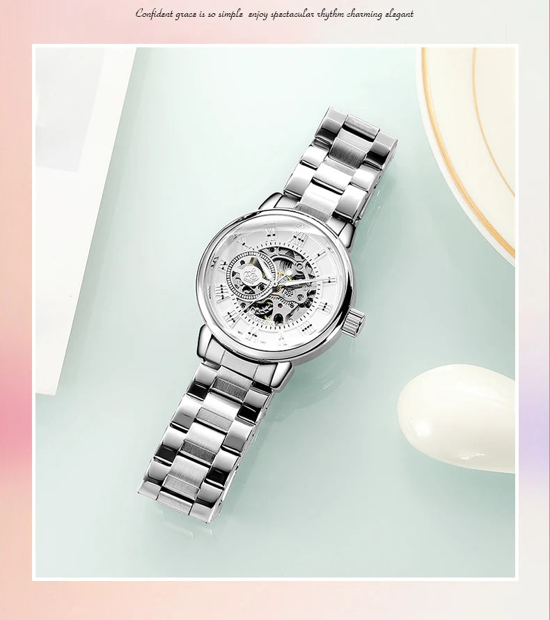 ORKINA Silver Skeleton Women's Watch Stainless Steel Fashion Ladies Mechanical Watches Female Automatic Self-Wind Wristwatches