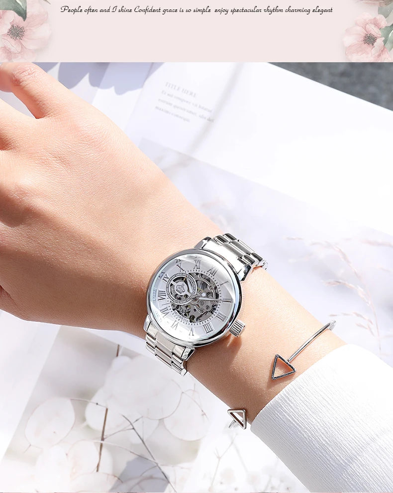 ORKINA Silver Skeleton Women's Watch Stainless Steel Fashion Ladies Mechanical Watches Female Automatic Self-Wind Wristwatches