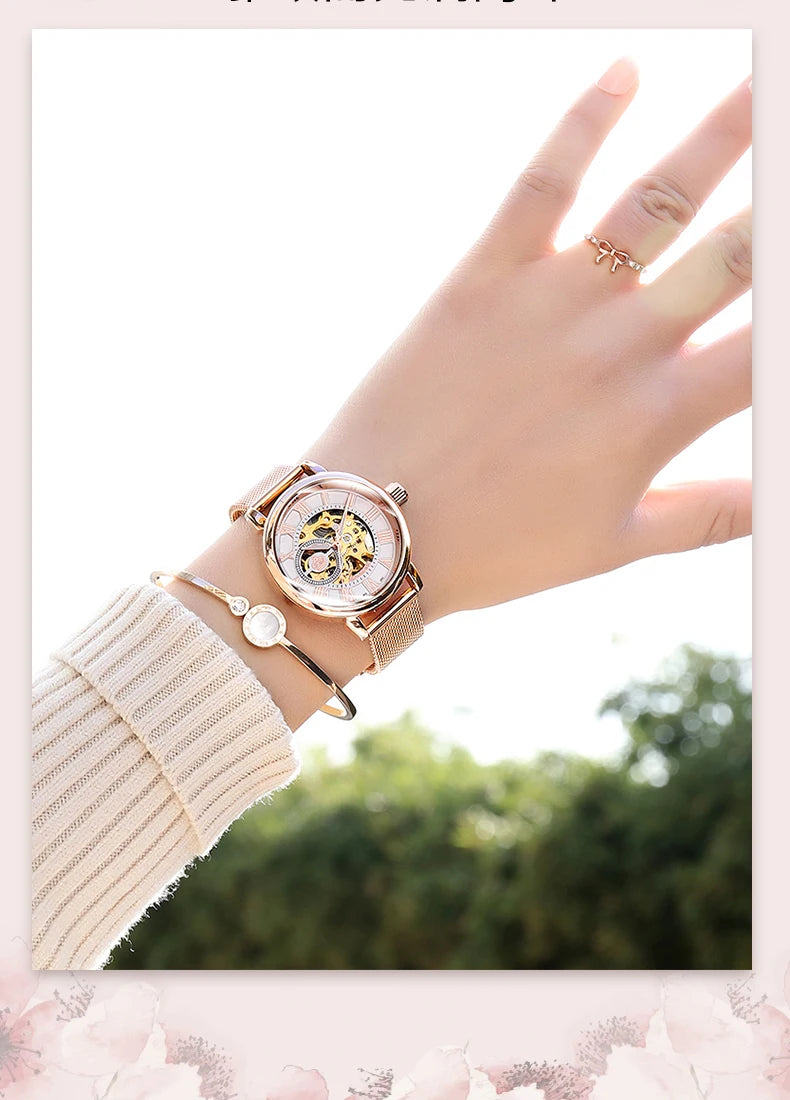 ORKINA Silver Skeleton Women's Watch Stainless Steel Fashion Ladies Mechanical Watches Female Automatic Self-Wind Wristwatches