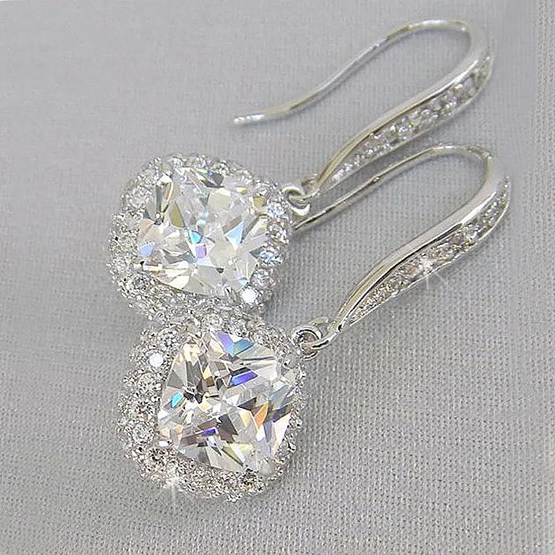 White Gold Diamond Earrings Princess Cut D Color Natural Diamond Classic Wedding Women's Jewelry with Side Diamond