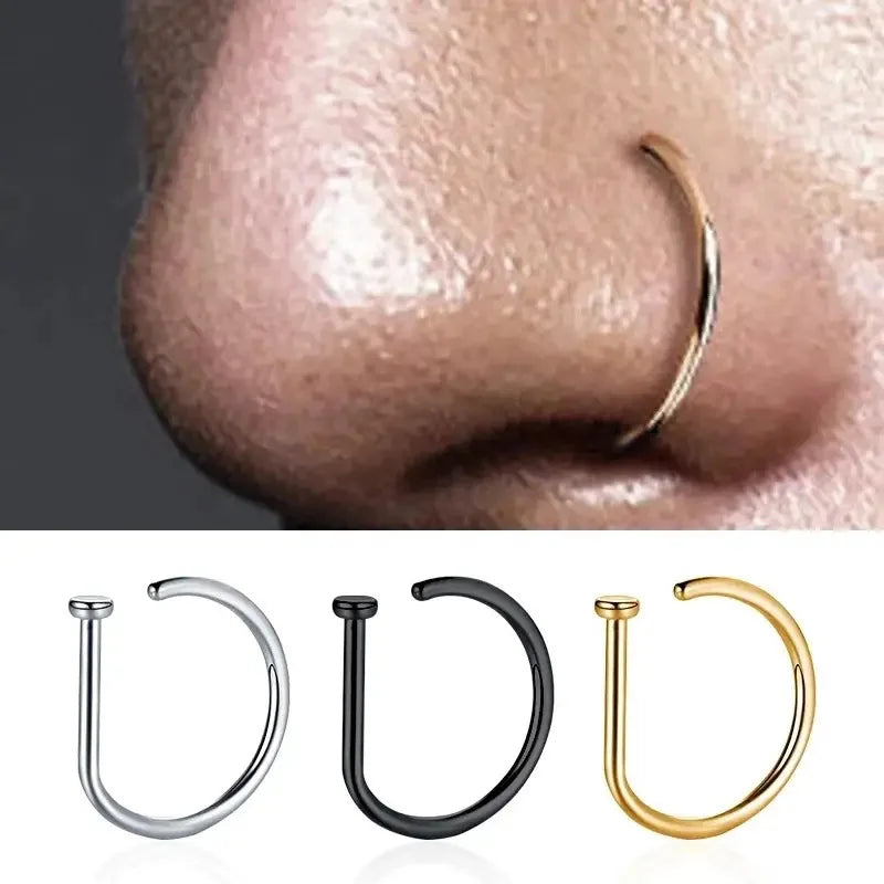 Stainless Steel Nose Ring Hoop Black Gold Plated Classic Unisex Internally Threaded Hook Body Jewelry for Daily Wear Piercing