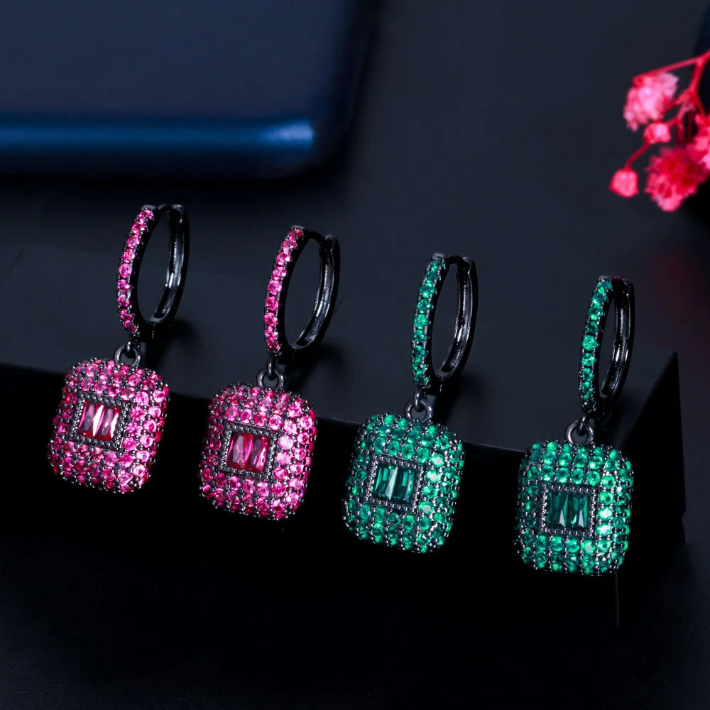 CWWZircons Full Black Gold Color Green Square CZ Dangling Round Huggie Hoop Earrings for Women New Trendy Party Jewelry CZ927