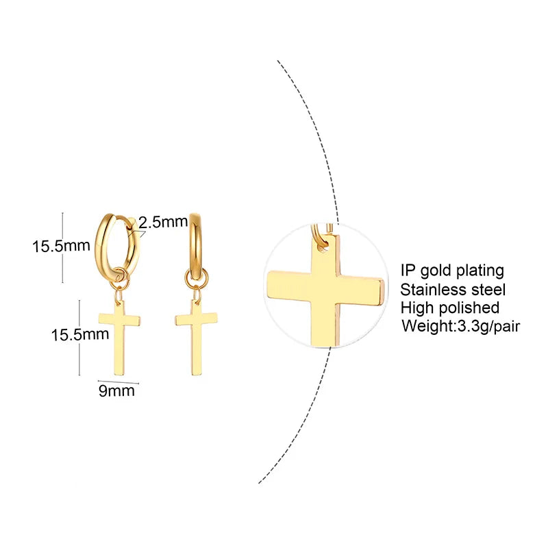 Dainty Minimalist Gold Color Dangling Cross Shaped Charm Huggie Pierced Hoop Earrings For Guy Men Women Jewelry