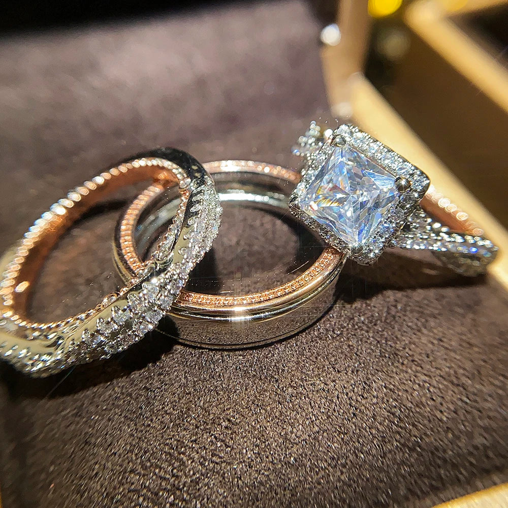 Huitan Luxury Princess Cut Cubic Zircon Bridal Marriage Set Rings Elegant Accessories Brilliant Women Men Wedding Trendy Jewelry