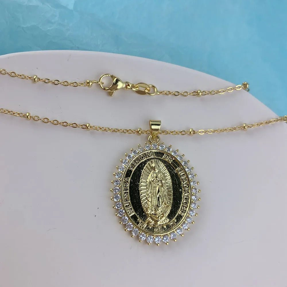 Dainty Metal Zircon Oval Virgin Mary Pendant Necklace For Women Festival Gifts Jewelry