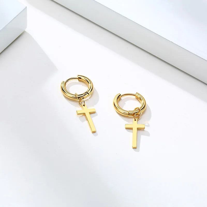 Dainty Minimalist Gold Color Dangling Cross Shaped Charm Huggie Pierced Hoop Earrings For Guy Men Women Jewelry