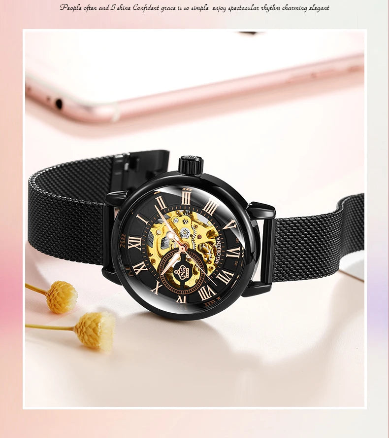 ORKINA Silver Skeleton Women's Watch Stainless Steel Fashion Ladies Mechanical Watches Female Automatic Self-Wind Wristwatches