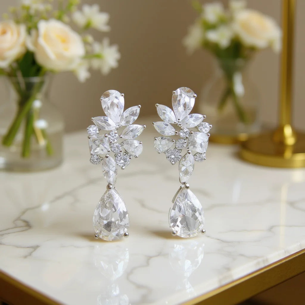 Elegant Flower Drop Earrings White Gold Plated Crystal Rhinestone Wedding Jewelry Women's Romantic Style Silver Plated