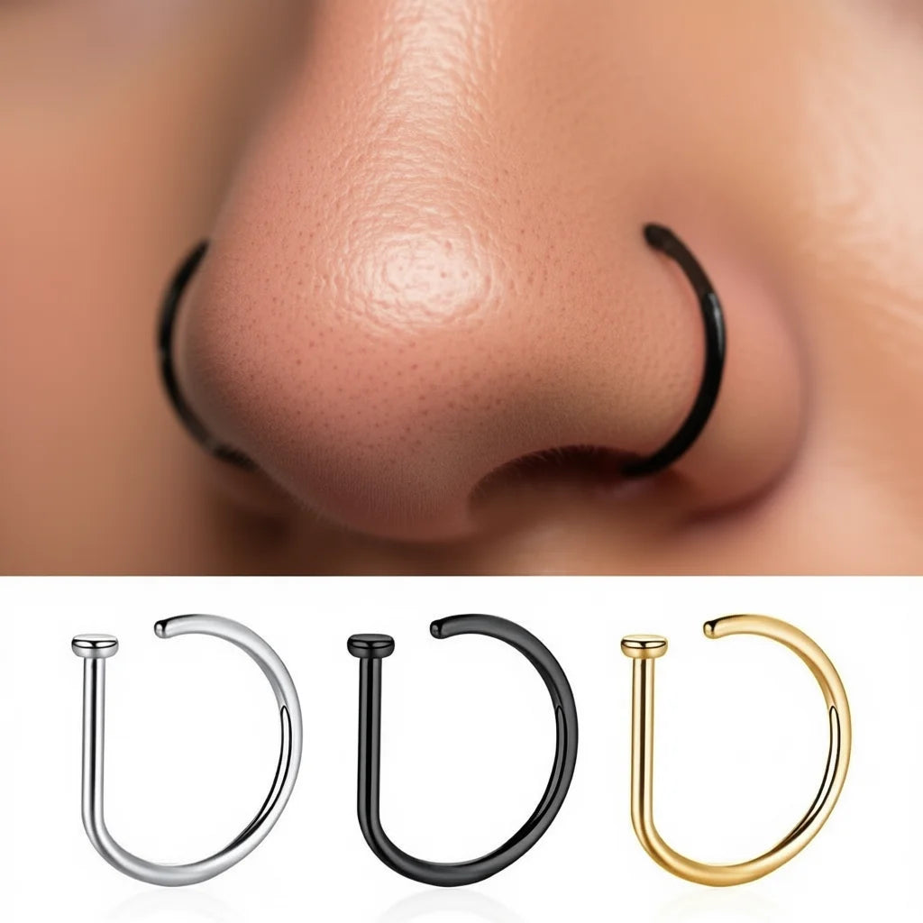 Stainless Steel Nose Ring Hoop Black Gold Plated Classic Unisex Internally Threaded Hook Body Jewelry for Daily Wear Piercing