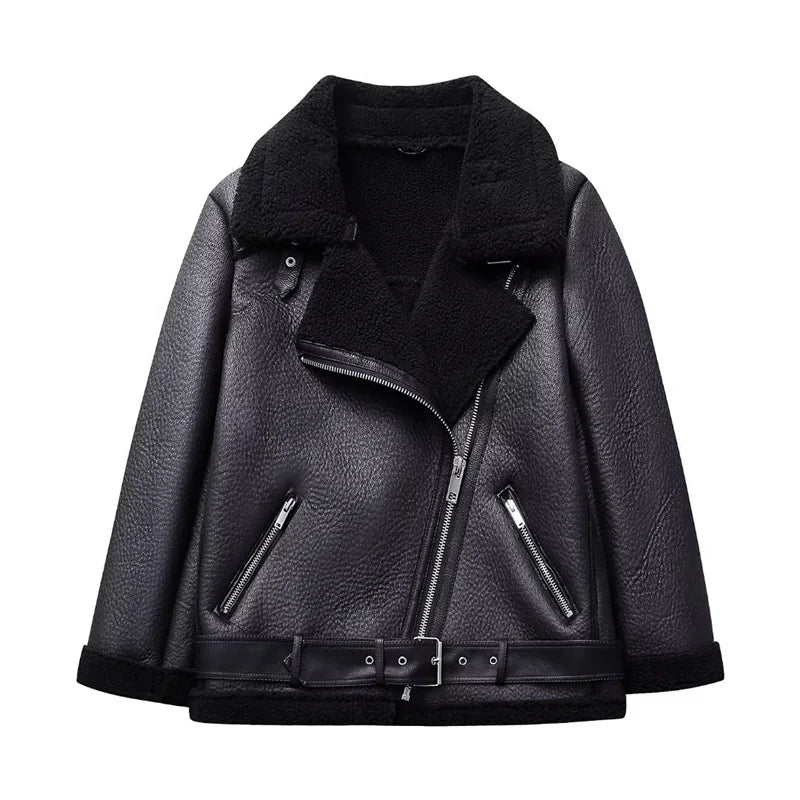 TAOP&ZA 2026 New Winter Women's PU Fur One-piece Thickened Stitching Double-sided Motorcycle Jacket 2969262