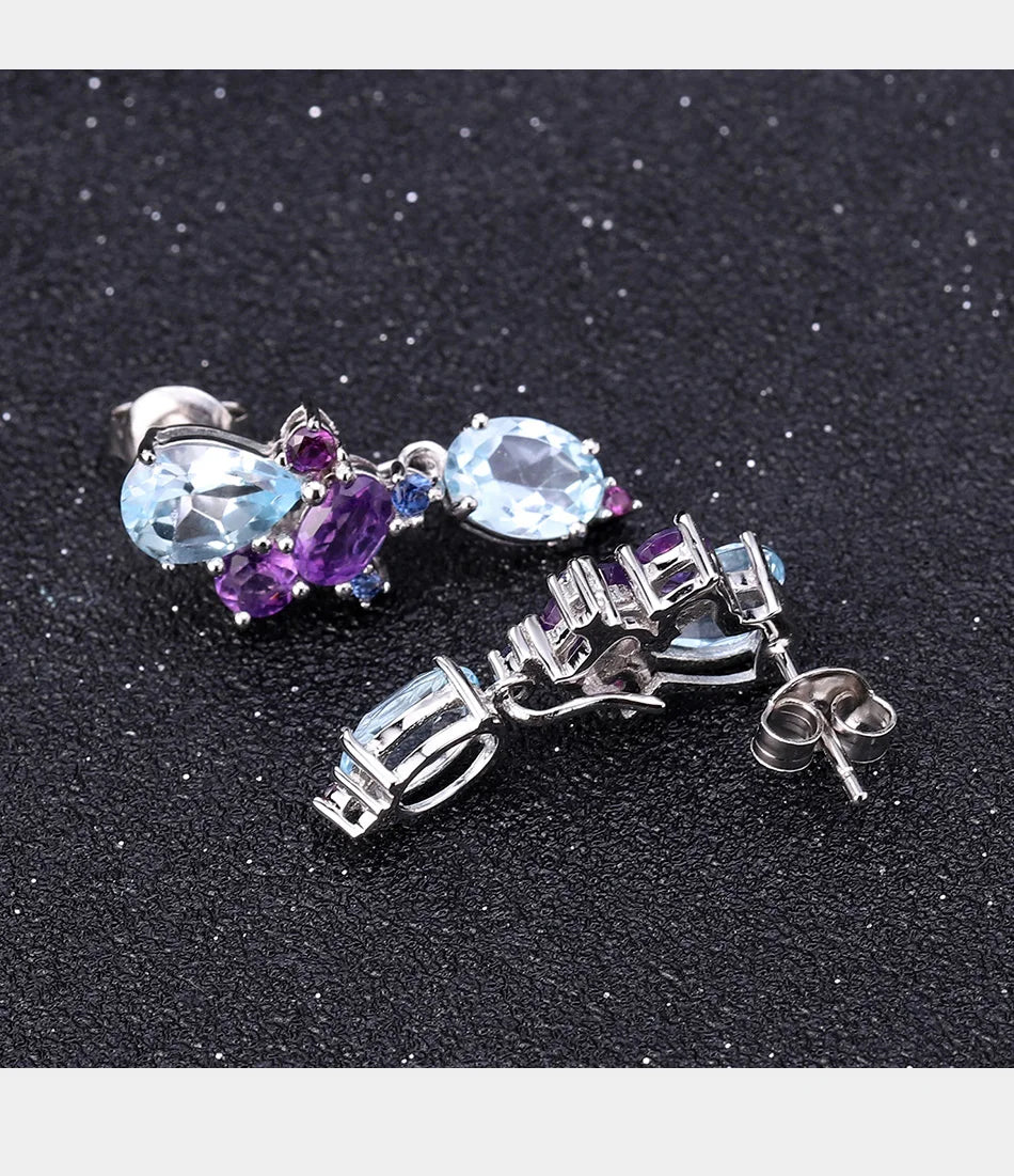 GEM'S BALLET 925 Sterling Silver Colorful Modern Irregular Earrings Natural Blue Topaz Amethyst Stud Earrings for Women Bijoux