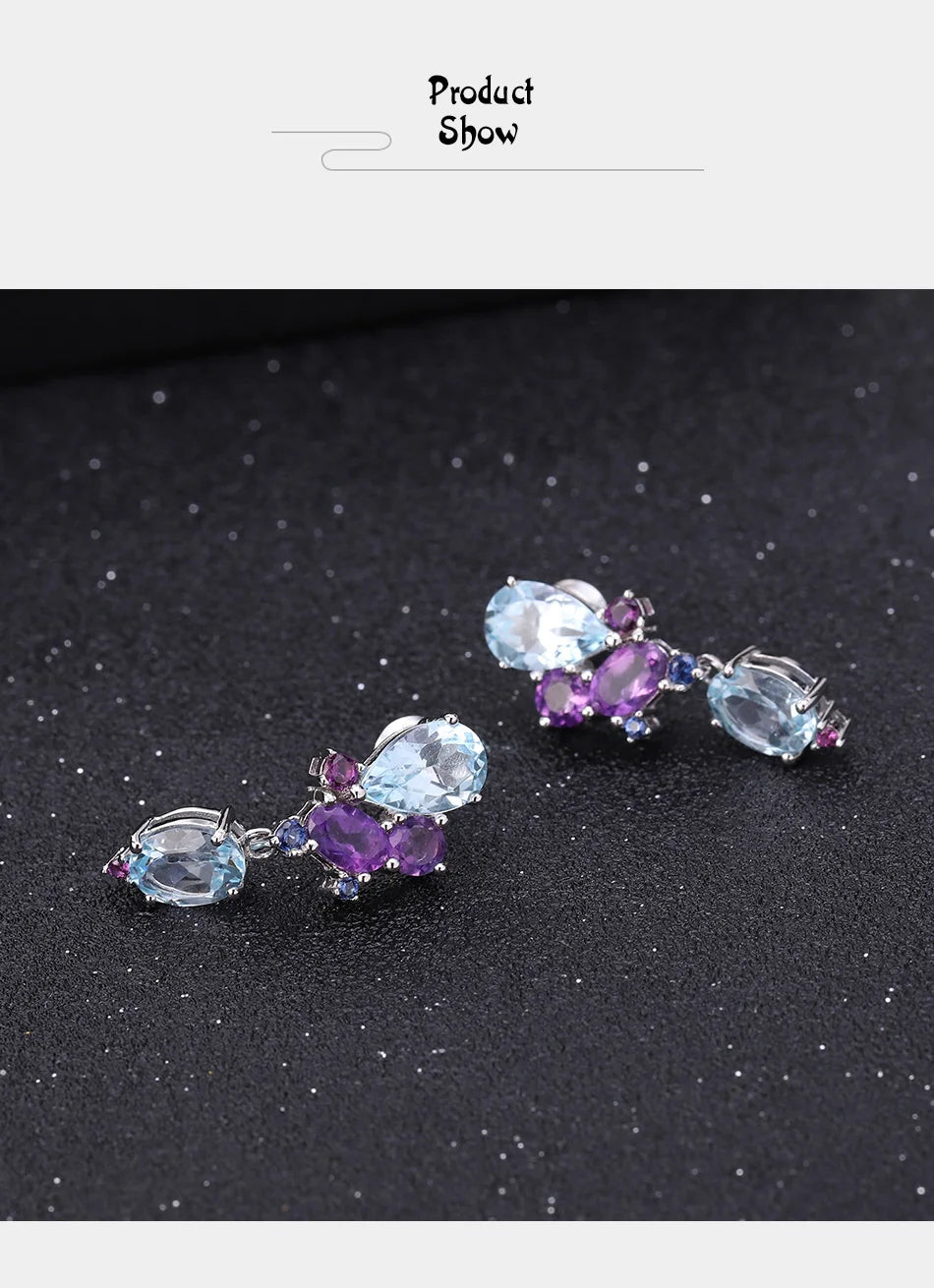 GEM'S BALLET 925 Sterling Silver Colorful Modern Irregular Earrings Natural Blue Topaz Amethyst Stud Earrings for Women Bijoux