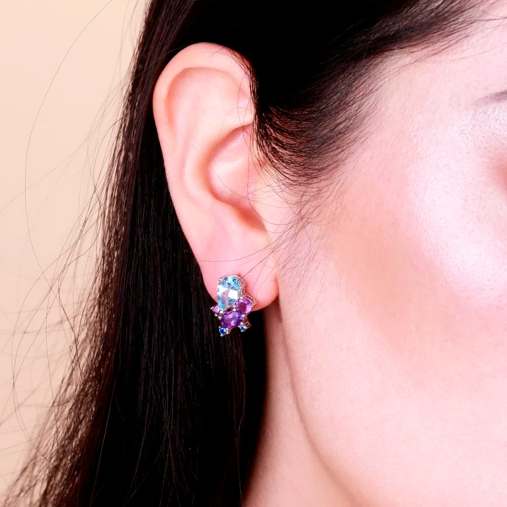 GEM'S BALLET 925 Sterling Silver Colorful Modern Irregular Earrings Natural Blue Topaz Amethyst Stud Earrings for Women Bijoux