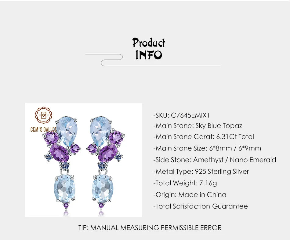 GEM'S BALLET 925 Sterling Silver Colorful Modern Irregular Earrings Natural Blue Topaz Amethyst Stud Earrings for Women Bijoux