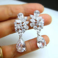 Elegant Flower Drop Earrings White Gold Plated Crystal Rhinestone Wedding Jewelry Women's Romantic Style Silver Plated