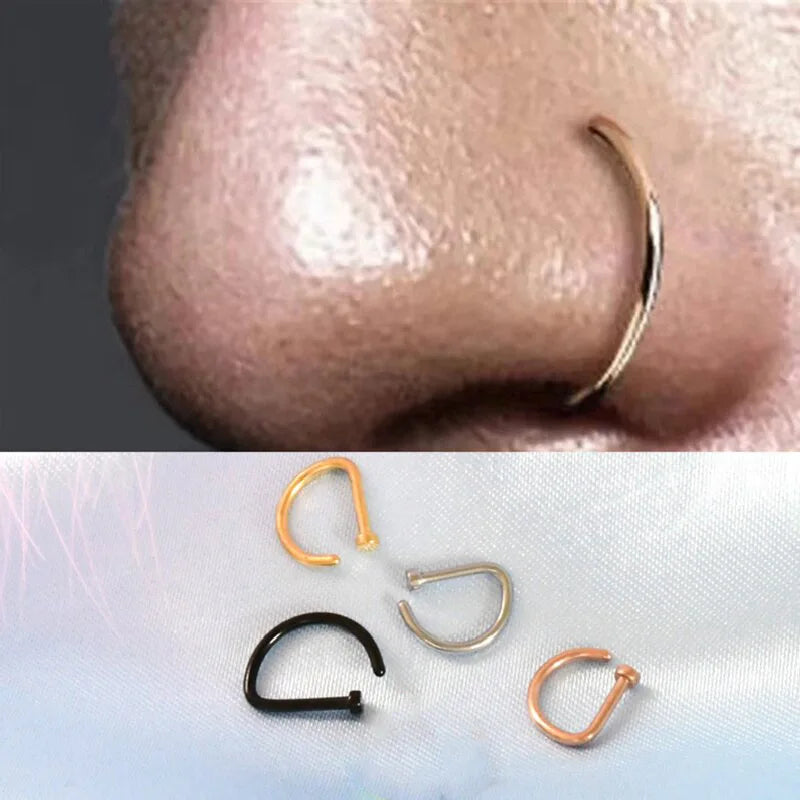 Stainless Steel Nose Ring Hoop Black Gold Plated Classic Unisex Internally Threaded Hook Body Jewelry for Daily Wear Piercing