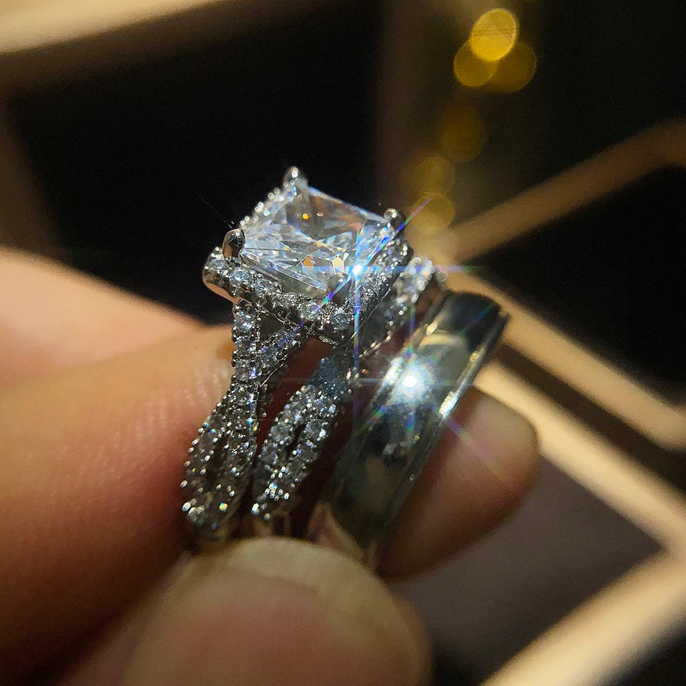 Huitan Luxury Princess Cut Cubic Zircon Bridal Marriage Set Rings Elegant Accessories Brilliant Women Men Wedding Trendy Jewelry