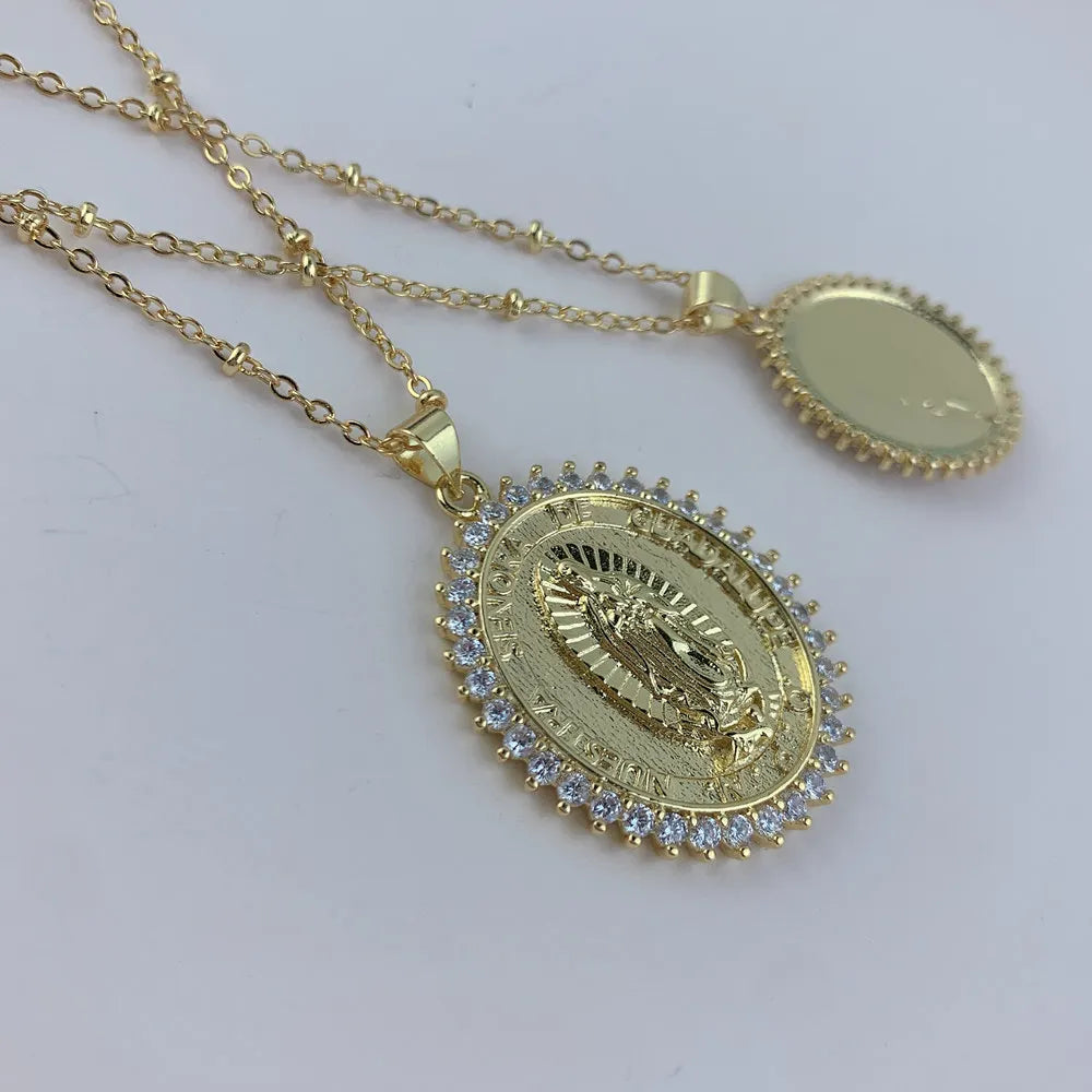 Dainty Metal Zircon Oval Virgin Mary Pendant Necklace For Women Festival Gifts Jewelry