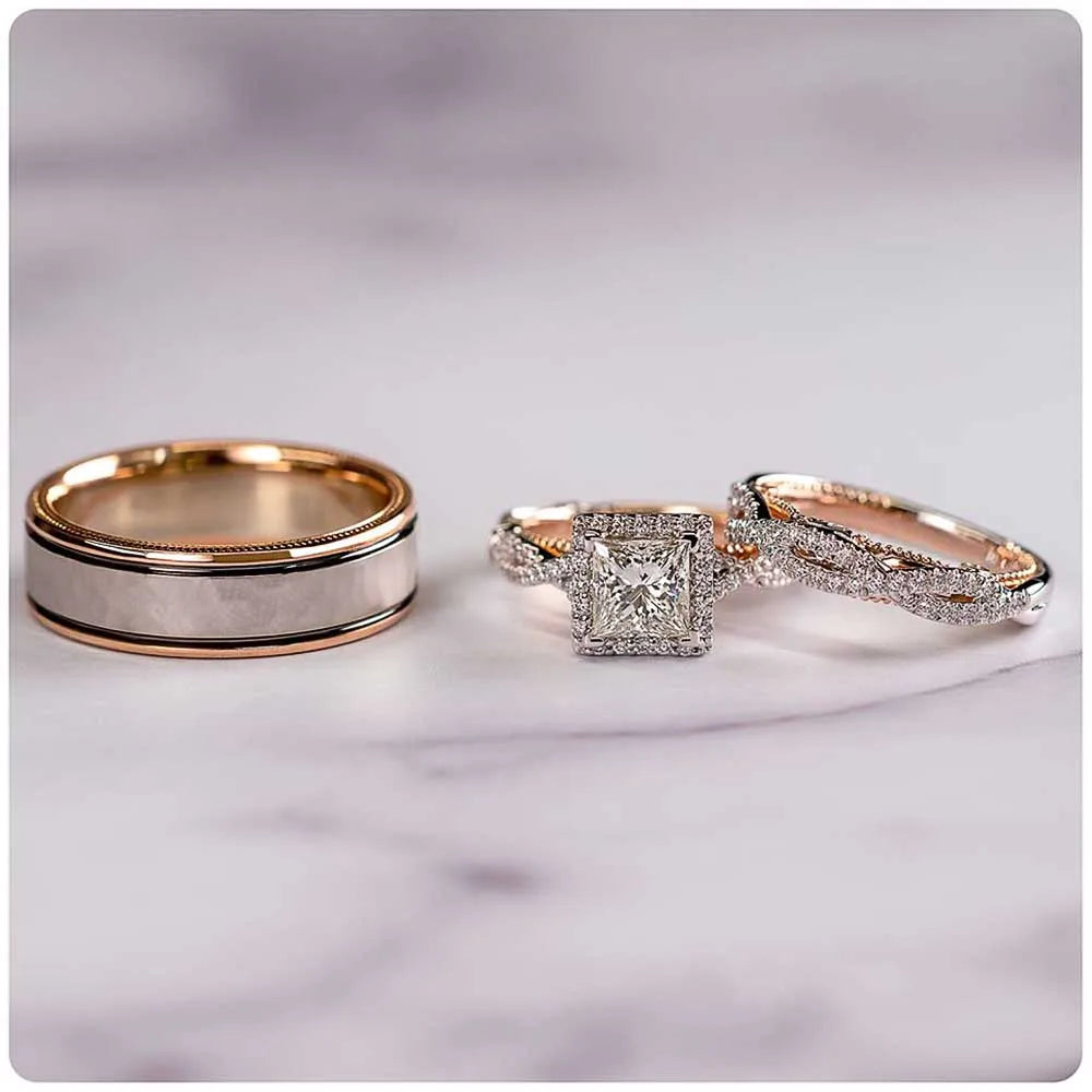 Huitan Luxury Princess Cut Cubic Zircon Bridal Marriage Set Rings Elegant Accessories Brilliant Women Men Wedding Trendy Jewelry