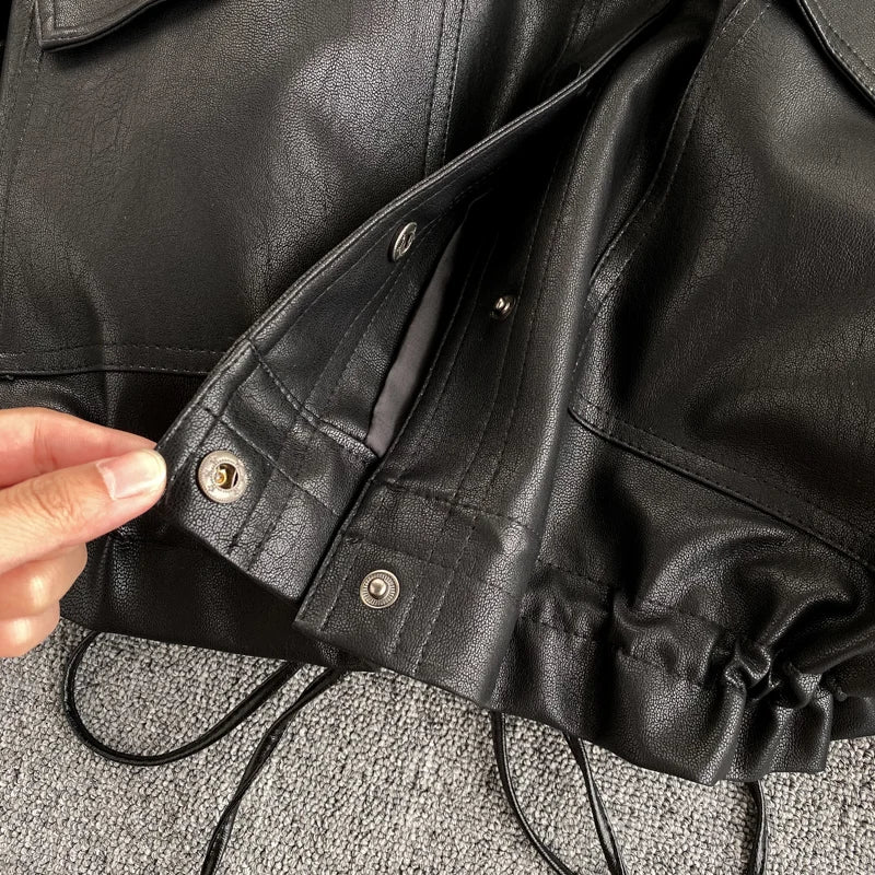 Loose Style Leather Jacket Women'S Retro Big Pocket Slim Short Motorcycle Jacket