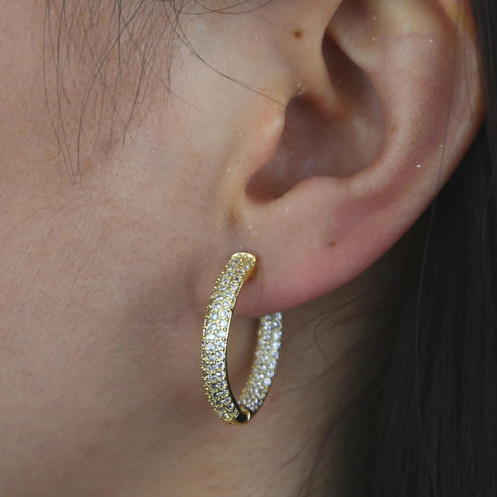 25MM Medium Sized Huggie Hoop Earring Rose Gold Silver Colors Full Micro Pave 5A CZ Iced Out Women Hoops