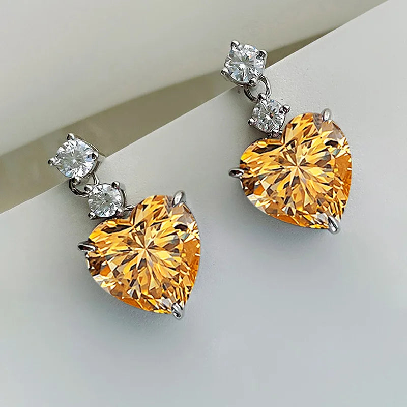 E3675 Yellow Heart Drop Earrings 925 Silver Claw Setting Wedding Romantic Women's Crystal Jewelry