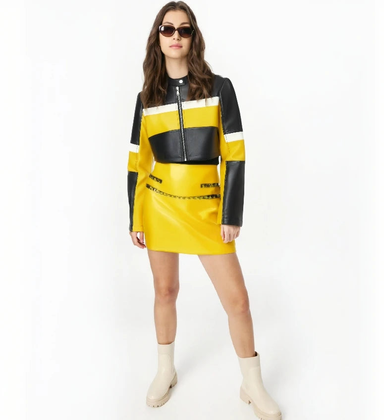 Slim Fit PU Leather Sexy Long Sleeve  Short Motorcycle  Crop Coat Autumn Outerwear Streetwear Leather Jacket