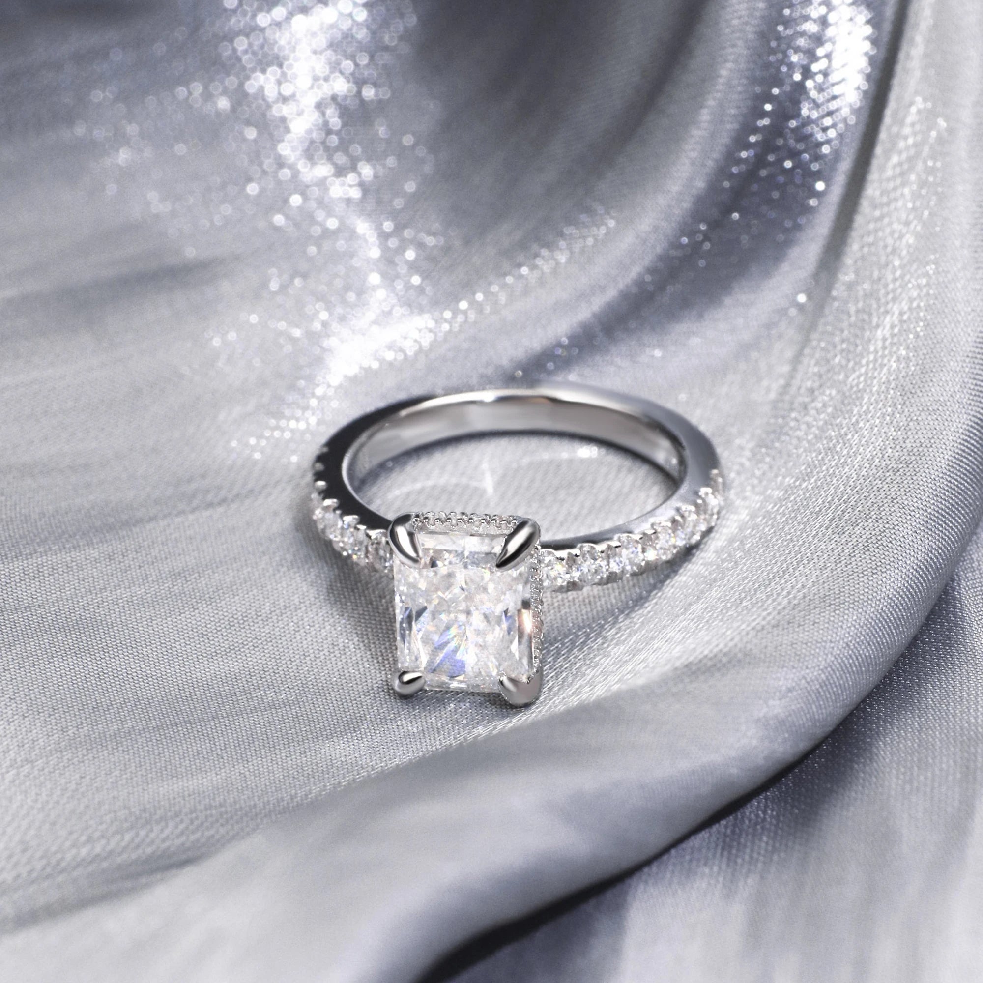 Tianyu 3ct Radiant Crushed Ice Cut Moissanite Rings Silver Sterling 925 18k White Gold Plated Fine Jewelry Mossanite Ring