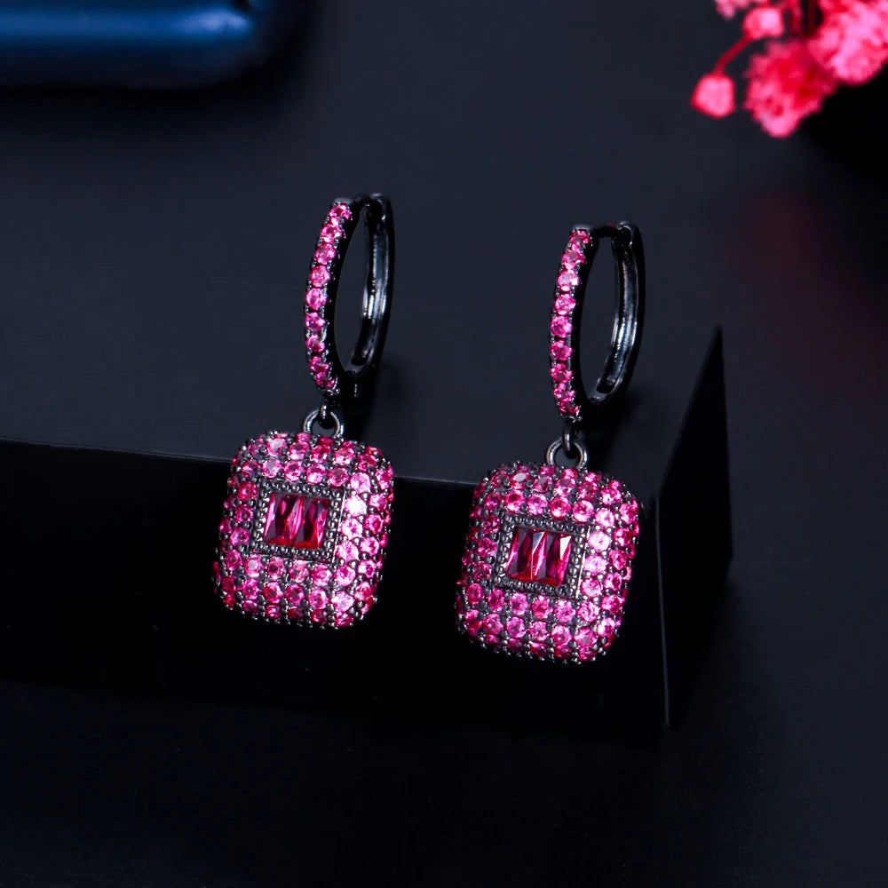 CWWZircons Full Black Gold Color Green Square CZ Dangling Round Huggie Hoop Earrings for Women New Trendy Party Jewelry CZ927