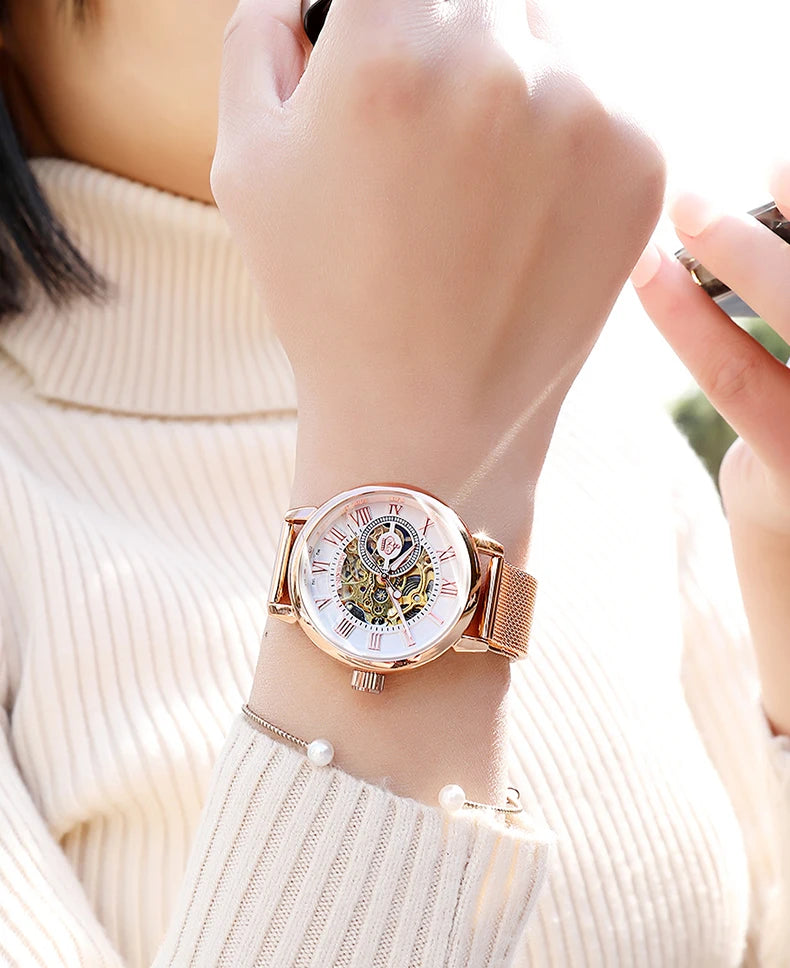 ORKINA Silver Skeleton Women's Watch Stainless Steel Fashion Ladies Mechanical Watches Female Automatic Self-Wind Wristwatches