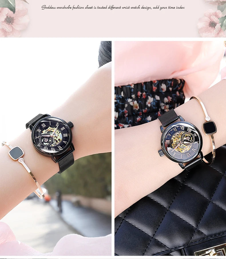 ORKINA Silver Skeleton Women's Watch Stainless Steel Fashion Ladies Mechanical Watches Female Automatic Self-Wind Wristwatches