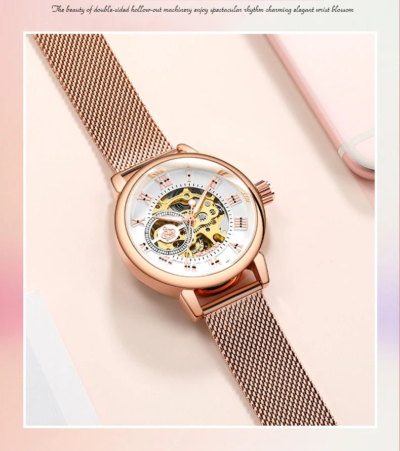 ORKINA Silver Skeleton Women's Watch Stainless Steel Fashion Ladies Mechanical Watches Female Automatic Self-Wind Wristwatches