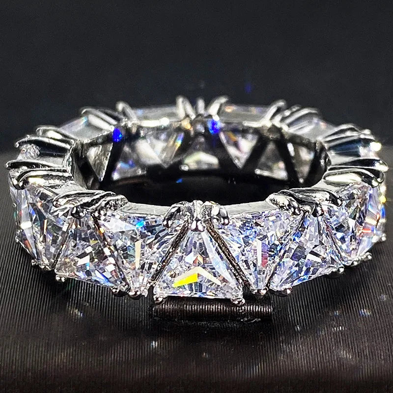 H480 Pyramid Crystal & Rhinestone Eternity Band Ring 925 Silver Claw Setting Women's Party Jewelry