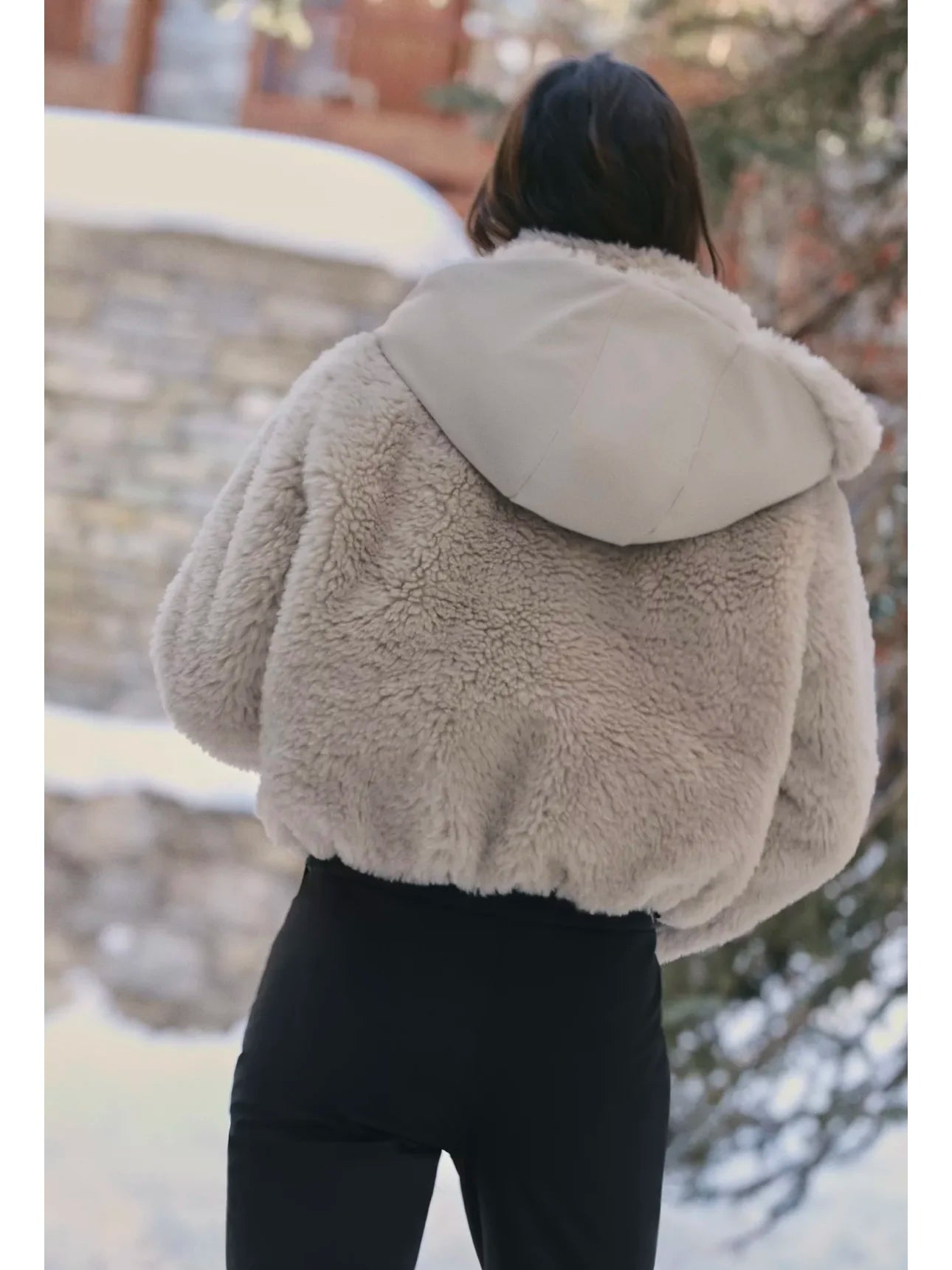 Women's Vintage Woven Faux Fur Hooded Winter Jacket with Zipper Closure in Polyester Women Skiwear Warm Coat