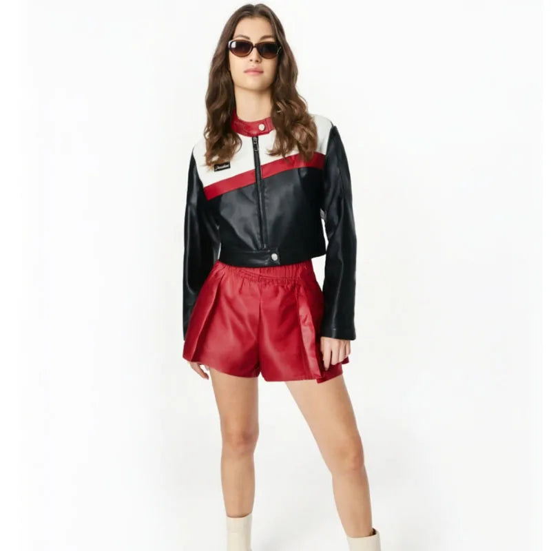 Slim Fit PU Leather Sexy Long Sleeve  Short Motorcycle  Crop Coat Autumn Outerwear Streetwear Leather Jacket