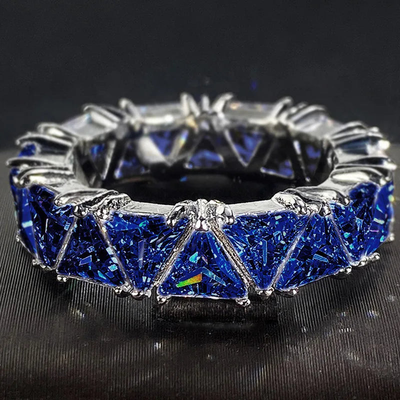 H480 Pyramid Crystal & Rhinestone Eternity Band Ring 925 Silver Claw Setting Women's Party Jewelry